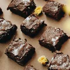 Squares of fudgy chocolate brownies