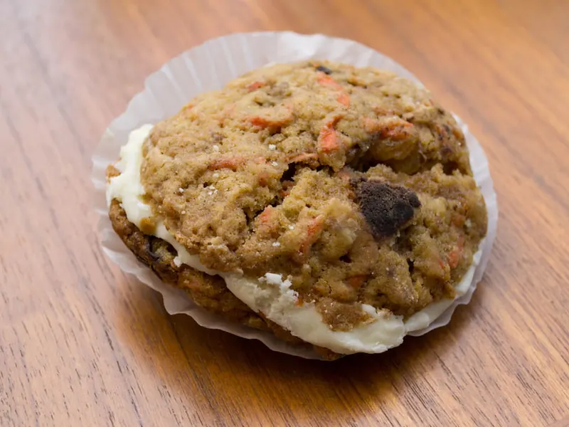 A carrot cake cookie with cream cheese filling